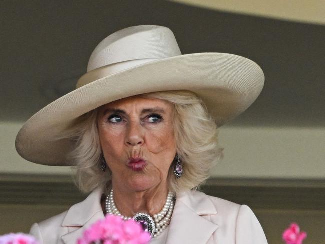 Queen Camilla reacts as she watches the horse races on the fifth day of the Royal Ascot horse racing meeting. Picture: AFP
