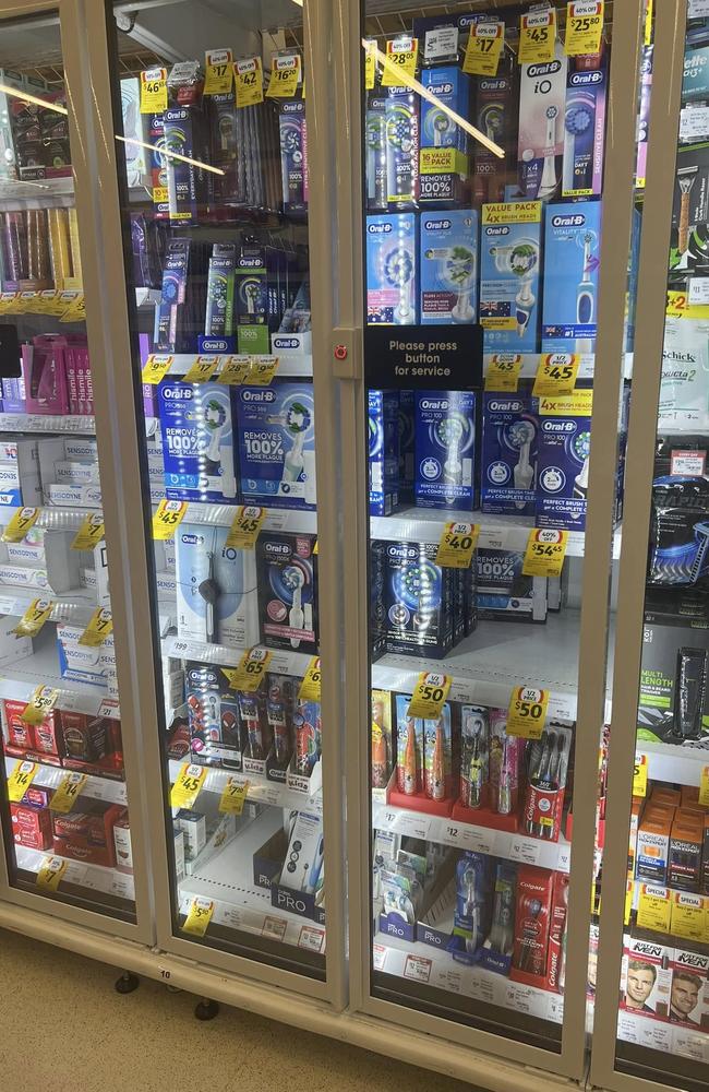 Hygiene items are now behind a cabinet at a Coles store in Melbourne’s west.