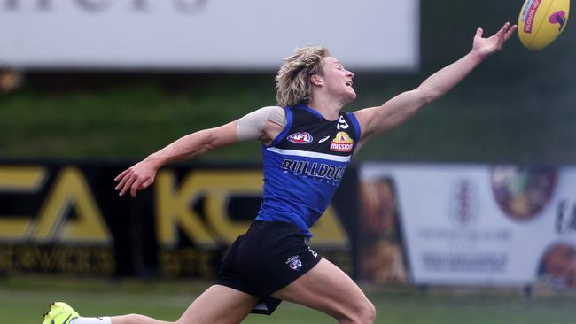 Cody Weightman at full stretch during a Bulldogs grand final training session. Picture: Michael Klein