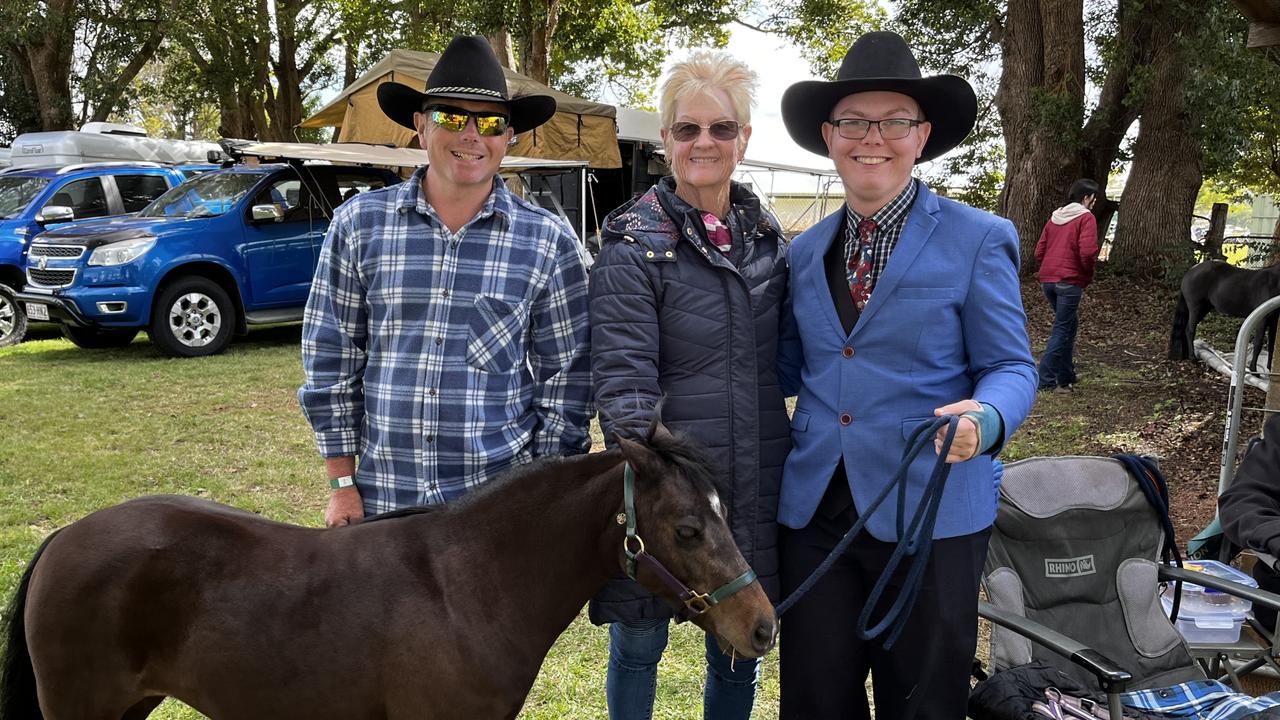 Lee Powell, Patricia Nolan and Riley Cook with Lexi, or Firefly Star Attraction, a miniature horse at the Kingaroy Show on Saturday, May 3 2025.