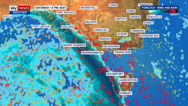 Melbourne looks set to feel the full force of a winter storm - bringing rain and strong winds around the 60km/h mark - on Saturday afternoon, writes Alison Osborne. Picture: Sky News Australia