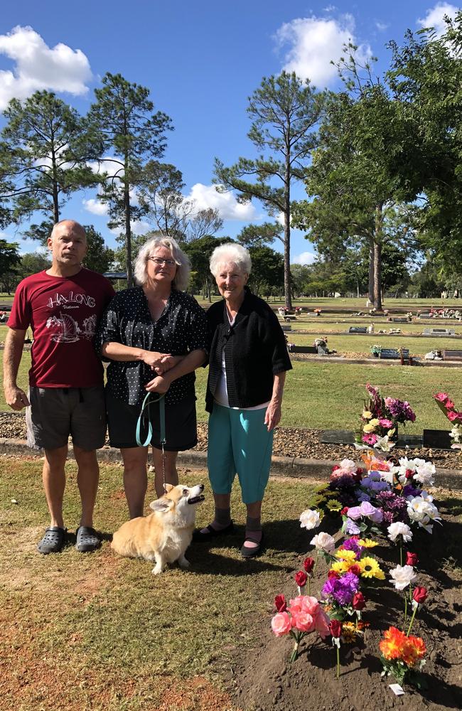 Michale Chandler's family members Richard Donnelly (uncle), Megan Donnelly (aunt) and Isobel Franklin (grandmother) at her grave site. Picture: Supplied