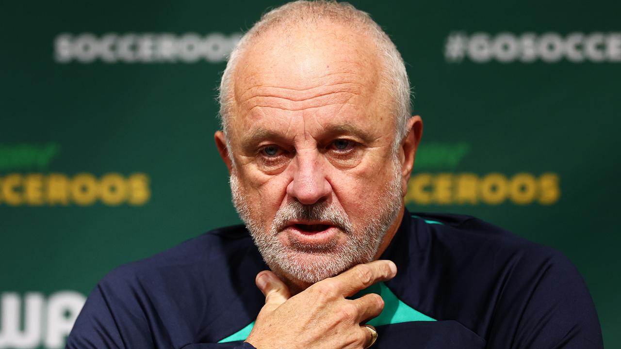 LONDON, ENGLAND - OCTOBER 16: Graham Arnold, Head Coach of Australia, speaks to the media during the Australia Subway Socceroos media access at Hilton London Syon Park on October 16, 2023 in London, England. (Photo by Bryn Lennon/Getty Images)