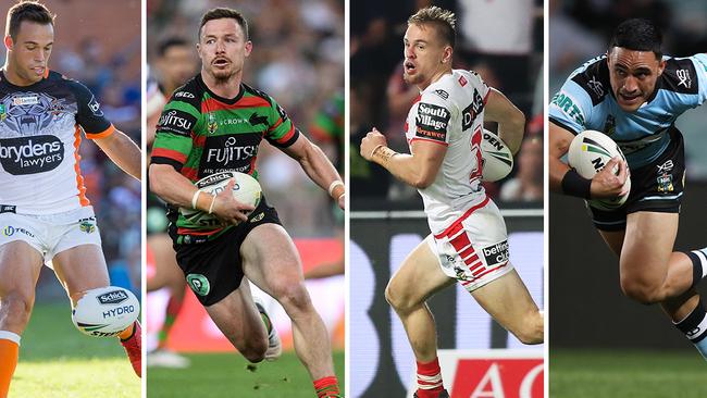 (l-r) Wests Tigers' Luke Brooks, South Sydney's Damien Cook, St George Illwarra's Matt Dufty and Cronulla's Val Holmes could all be up for grabs.