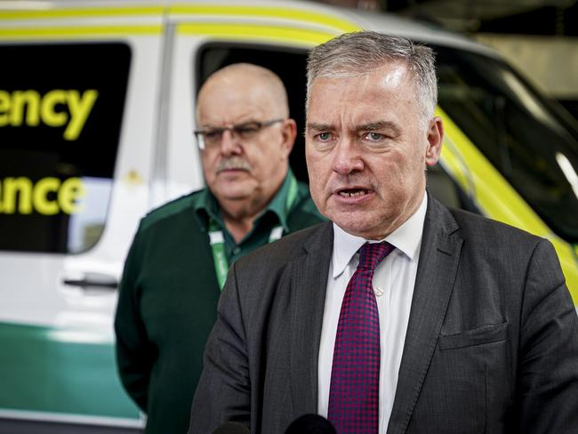 Health Minister Stephen Wade talks to the media in front of  one of the new Ambulance fleet at the Eastwood base, Tuesday June 2, 2020 - pic MIKE BURTON