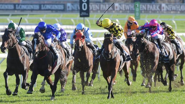 Jockey Rachel King rides Maid Of Heaven to victory in race 7, the Moet &amp; Chandon Spring Champion Stakes. Picture: AAP Image