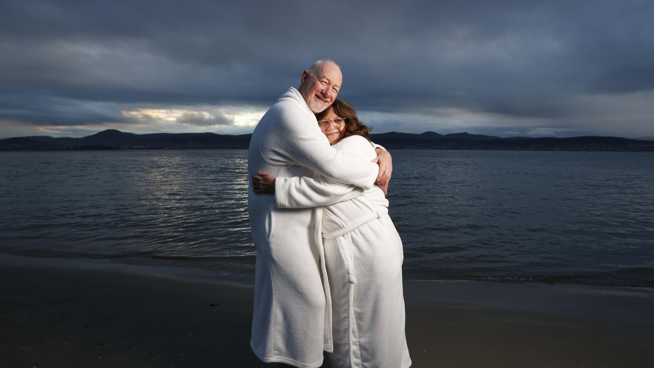 Dennis and Dianne Donaldson married couple from Brisbane who keep returning to Hobart to take part in the swim. Dark Mofo Nude Solstice Swim 2024 at Long Beach Sandy Bay. Picture: Nikki Davis-Jones