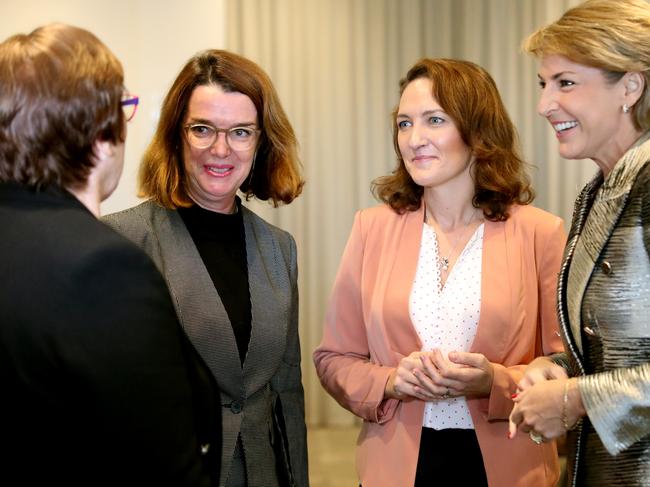 Liberal Candidate for the federal seat of Mayo, Georgina Downer (centre), with Assistant Minister Anne Ruston and Senator Michaelia Cash, talk with Adelaide Hills grape growers at the Adelaide Hills Convention Centre in Hahndorf. Picture: Kelly Barnes