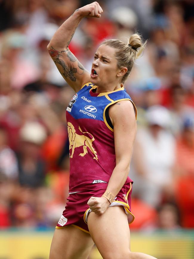 Jessica Wuetschner celebrates a goal during the 2017 AFLW Grand Final. Picture: GETTY