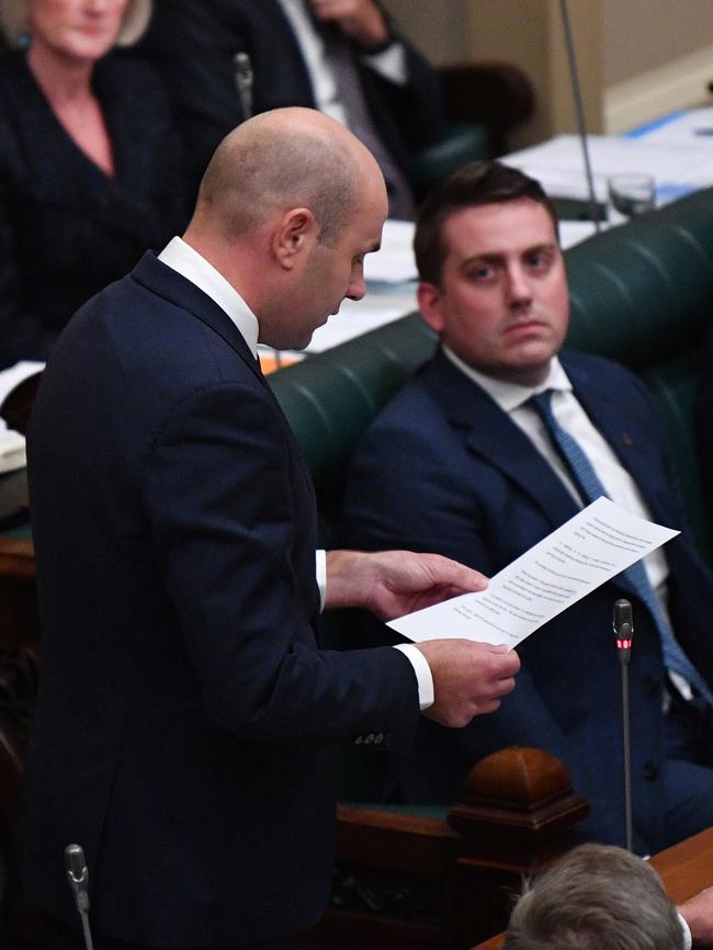 Liberal MP Sam Duluk reads a statement to the house during Question Time on Wednesday. Picture: AAP Image/David Mariuz