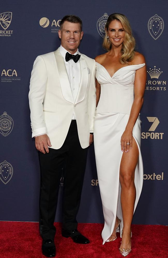 David Warner and Candice Warner were standouts on the red carpet at the Cricket Australia Awards. Picture: AAP