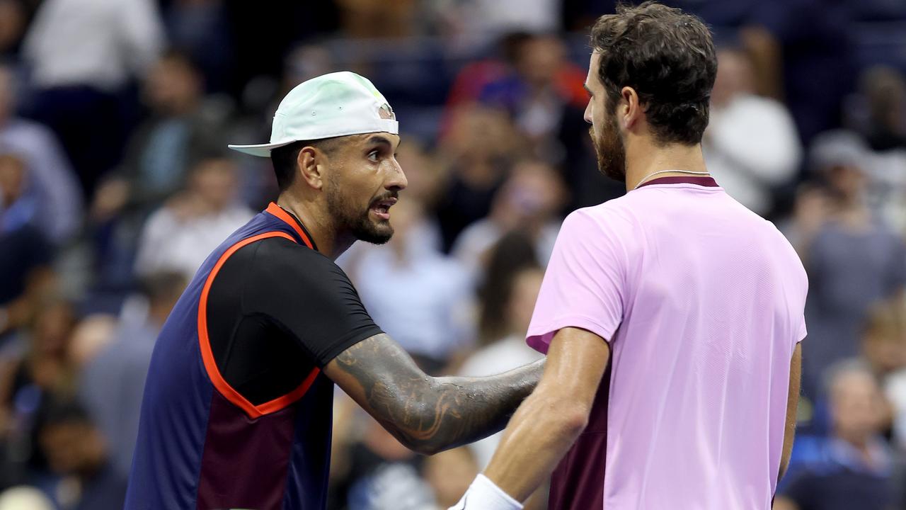 Karen Khachanov (R) shakes hands with Nick Kyrgios (L) after their match at the 2022 US Open. Pic: Julian Finney/Getty Images/AFP