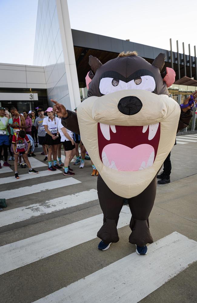 Victoria competitor Normandy Calma as Taz, the Tasmanian devil, continues on his quest to run in an event in every Australian state and territory at the Toowoomba Marathon events at Wellcamp Airport, Saturday, May 3, 2025. Picture: Kevin Farmer