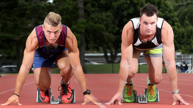 Aaron Stubbs (right) with fellow Queensland sprinter Trae Williams. Picture: Jono Searle