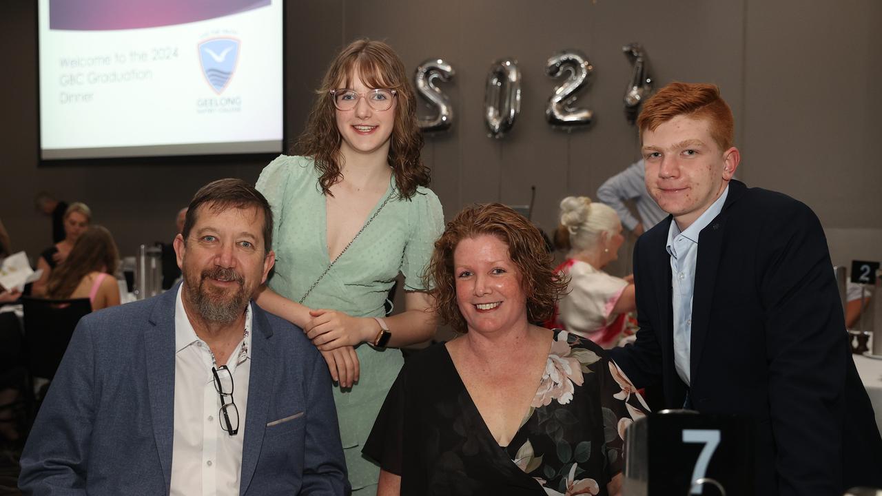 <p>Geelong Baptist College Year 12 student Riley Szabo with sister Lucy and parents Jim and Amanda. Picture: Alison Wynd</p>