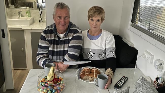 Shane and Fay Wolfe in their Rochester caravan at Easter 2023, still waiting for their flood damaged home to be repaired. Picture: Julieanne Strachan