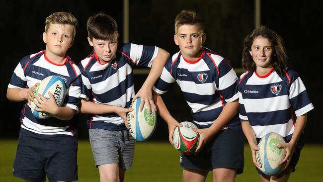 18/05/17 - Elizabeth Rugby Union Club at Edinburgh North was a seniors-only side last season, but has this year added three juniors sides to its line up. The Under-12s side has already won two out of three games and is due to play again this weekend against Adelaide University. (LtoR) Josh Zeelen,11, Tyson Hoyle,12, Jaiden Daypomeroy,12, and   Tia Hellyer,10, at training. Picture Dean Martin