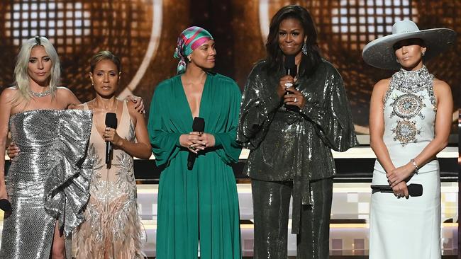 Lady Gaga, Jada Pinkett Smith, Alicia Keys, Michelle Obama, and Jennifer Lopez speak onstage at the opening of the Awards. Picture: Kevin Winter/Getty Images