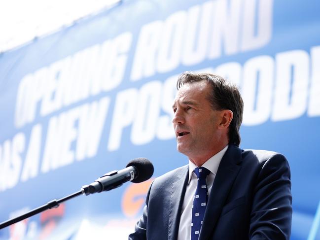 SYDNEY, AUSTRALIA - MARCH 06: Andrew Dillon, Chief Executive Officer of the AFL speaks with media during the Sydney Opening Round Media Opportunity at Circular Quay on March 06, 2024 in Sydney, Australia. (Photo by Michael Willson/AFL Photos via Getty Images)