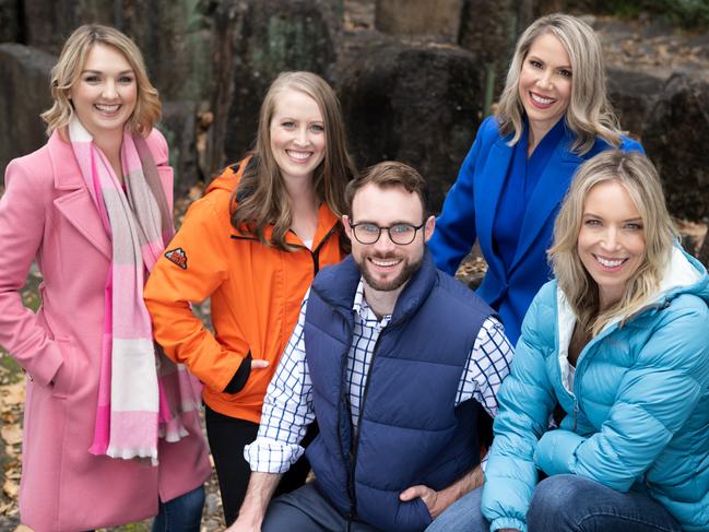 Got you covered ... Sky News meteorologists, Bradlyn Oakes, Alison Osborne, and Rob Sharpe with weather reporters Rhiannon Elston and Lucy Polkinghorne.