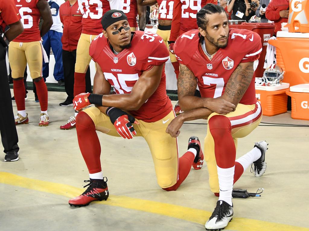 Colin Kaepernick (R) and Eric Reid started the movement of NFL players taking a knee in 2016. Picture: Thearon W. Henderson/Getty Images