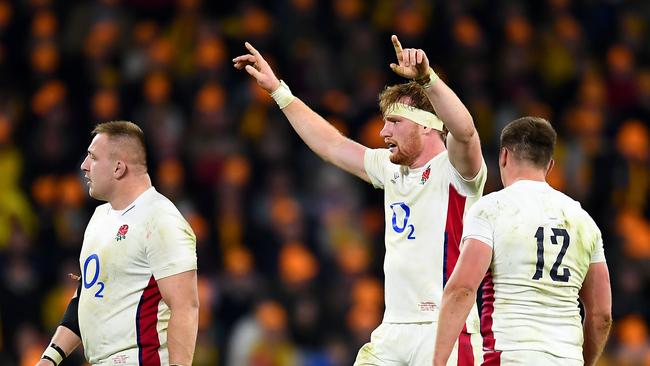 Ollie Chessum of England celebrates victory in game two.