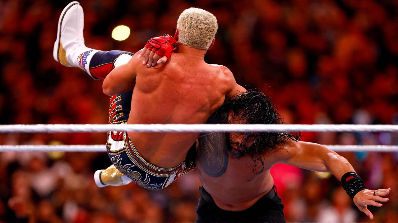 File shot as Cody Rhodes wrestles Roman Reigns during WrestleMania Goes Hollywood at SoFi Stadium on April 02, 2023. (Photo by RONALD MARTINEZ / GETTY IMAGES NORTH AMERICA / Getty Images via AFP)