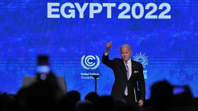 US President Joe Biden gestures after delivering his speech during the COP27 climate conference in Egypt's Red Sea resort city of Sharm el-Sheikh overnight.