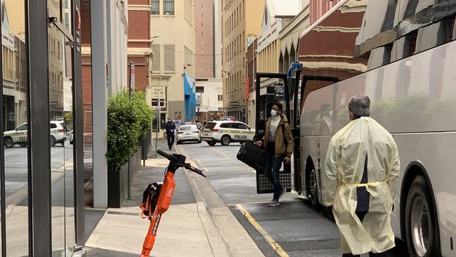 Students from Thebarton Senior College arriving at the Ibis Hotel in Adelaide. Picture: Naomi Jellicoe.