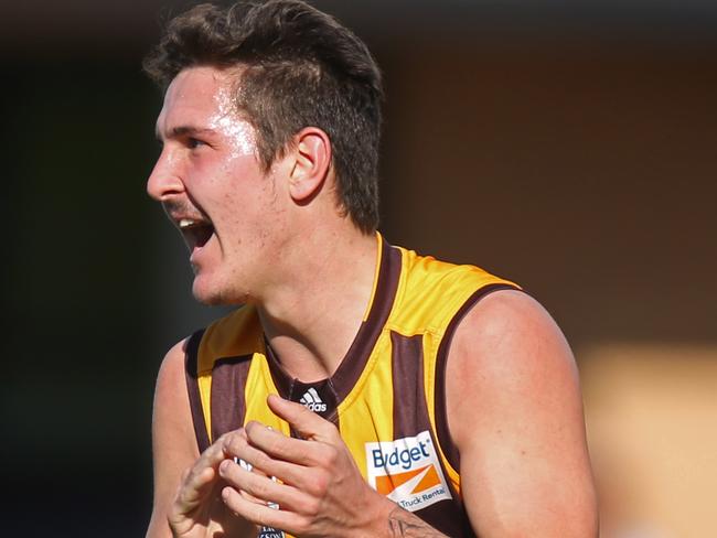 VFL footy: Essendon V Box Hill at Windy Hill. Box Hill's Anthony Brolic celebrating a goal. Picture: Brendan Francis