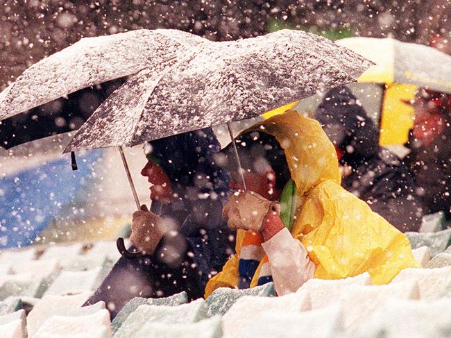 Supporters fans sheltering from snow. Rugby - Canberra Raiders vs West Tigers match at Bruce Stadium, Canberra 28 May 2000. snowing/Rugby/Australia