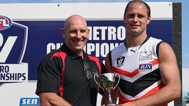 Eastern Football League v Western Region Football League at Princess Park Carlton. Eastern coach Denis Knight and captain John Holmes with the winning trophy. Picture: Andy Brownbill