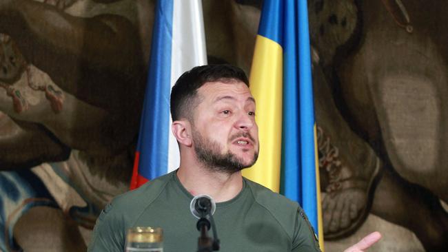 Volodymyr Zelensky addresses the media in Prague Castle after his meeting with Czech leader Petr Pavel on Thursday. Picture: AFP