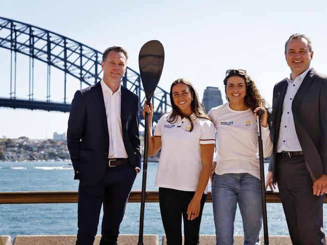 Olympic gold medallist sisters Noemie (2nd from left) and Jessica Fox on Sydney Harbour with Premier Chris Minns (left) and Sports Minister Steve Kamper. Picture: Sam Ruttyn