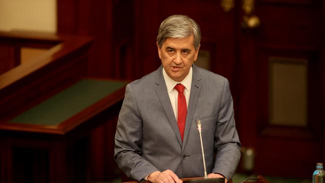 South Australian Treasurer Rob Lucas hands down the 2020-21 State Budget during question time at Parliament House. Picture: NCA NewsWire / Kelly Barnes