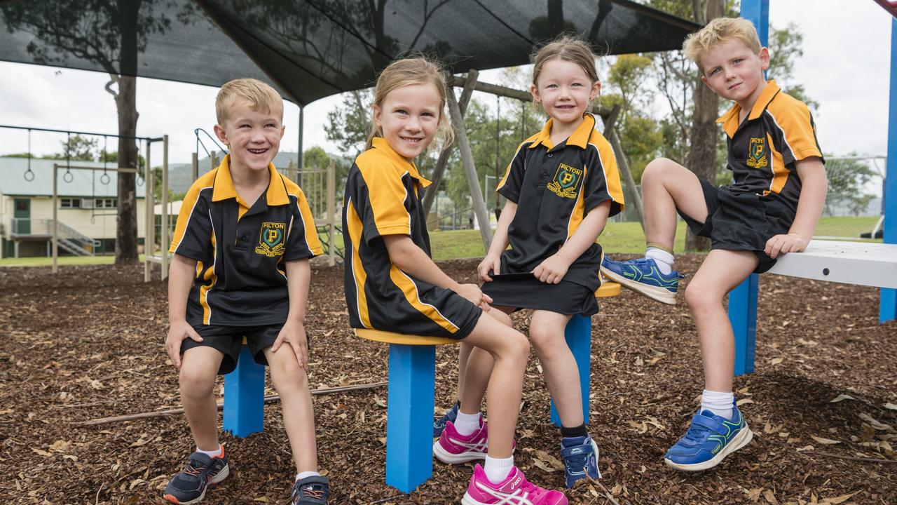 MY FIRST YEAR 2024: Pilton State School Prep students (from left) Hunter, Darcey, Charlotte and Rupert, Thursday, February 15, 2024. Picture: Kevin Farmer