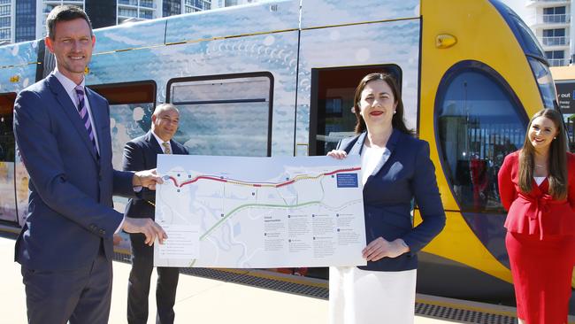 Transport Minister Mark Bailey, Gold Coast Mayor Tom Tate, Premier Annastacia Palaszczuk, and councillor Megan Scanlan during a media conference in Broadbeach. Picture: Tertius Pickard.