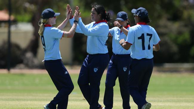 Ananaya Sharma celebrates a wicket for NSW Metro at the Cricket Australia Under-19 National Female Cricket Championships in Perth, 2022. Picture: Cricket Australia