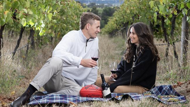 Crows Captain Jordan Dawson with fiancee Milly Dutton at Pepperjack Winery at Angaston. Picture: Sarah Reed