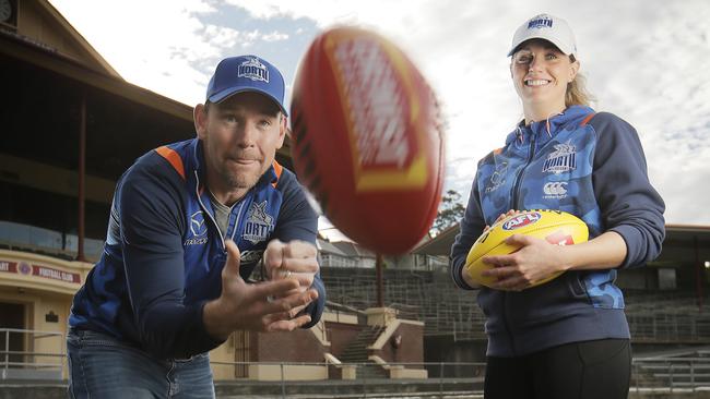 Roos assistant coach Trent Bartlett and high-performance co-ordinator Jacqueline Liffiton are getting ready for North Melbourne’s historic first AFLW match next season, which will be played at North Hobart Oval. Picture: MATHEW FARRELL