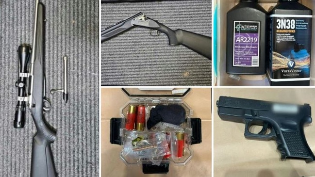 Several guns, items to create explosives were allegedly uncovered in the Wollongong house raid. Pictures: NSW Police