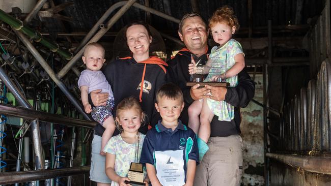 PICTURED: Reece and Toni Attenborough with kids: 7yo Jack, 5yo Ruby, 3yo Grace and 1yo Harper on farm at Poowong Picture: Zoe Phillips