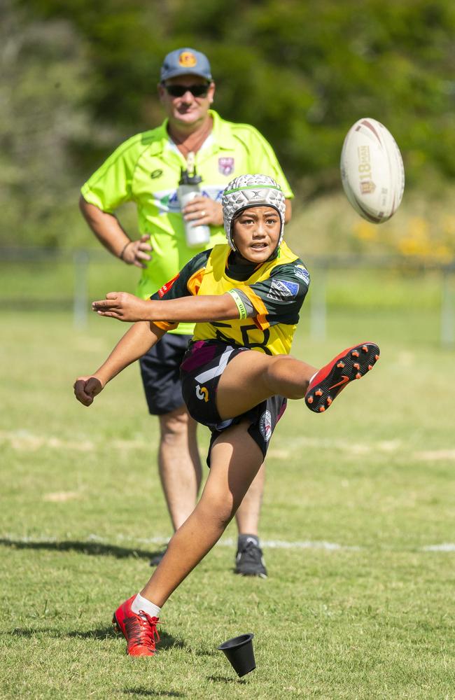 Leota as a youngster perfecting the art of kicking. Leota, from Logan in the junior rugby league match between Forest Lake and Logan Brothers, Sunday, April 28, 2019 (AAP Image/Richard Walker)