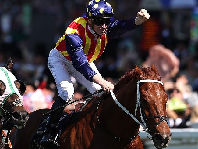 ASCOT, ENGLAND - JUNE 14: James McDonald riding Nature Strip celebrates victory in the The King's Stand Stakes during Royal Ascot 2022 at Ascot Racecourse on June 14, 2022 in Ascot, England. (Photo by Ryan Pierse/Getty Images)