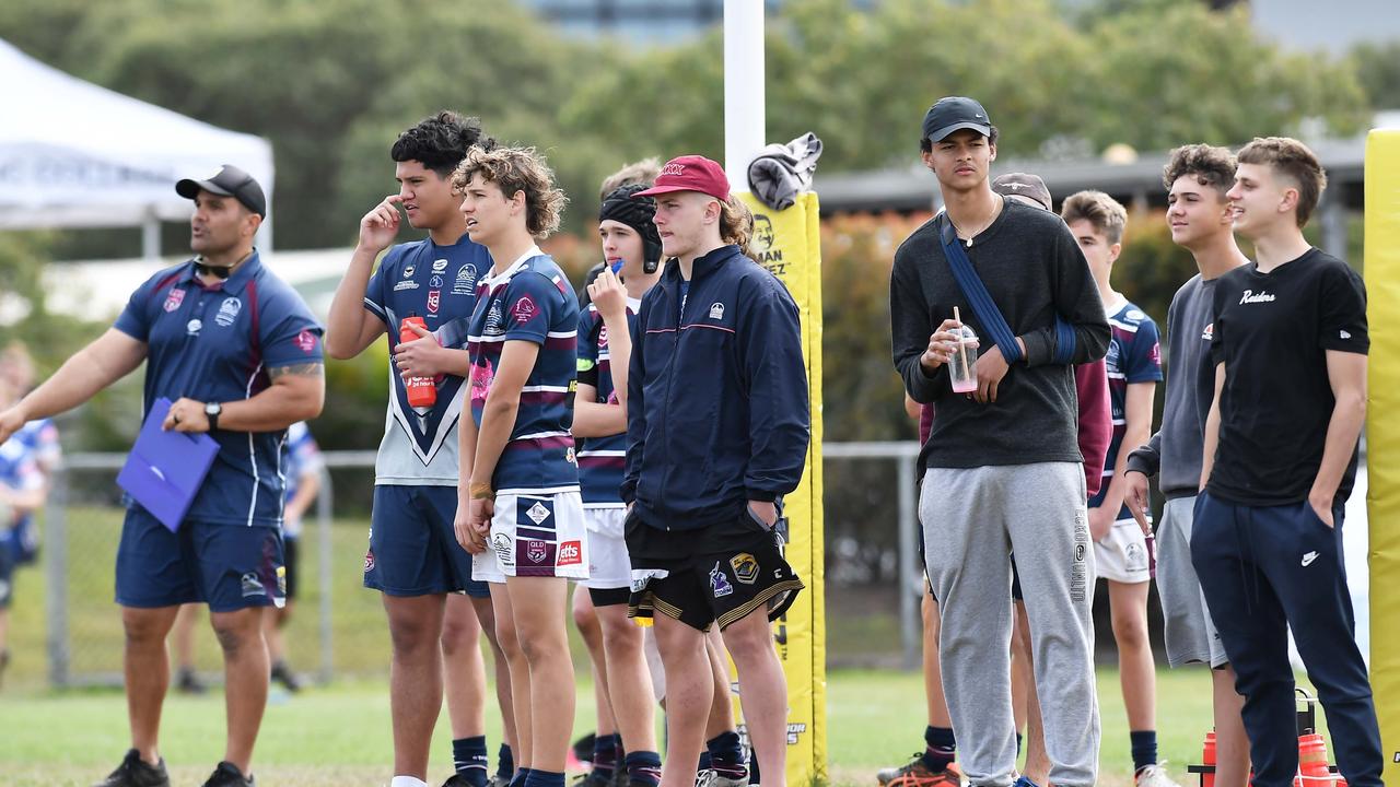 RUGBY LEAGUE: Justin Hodges and Chris Flannery 9s Gala Day. Mountain Creek State High (white shorts) V Morayfield State High, year 10. Picture: Patrick Woods.