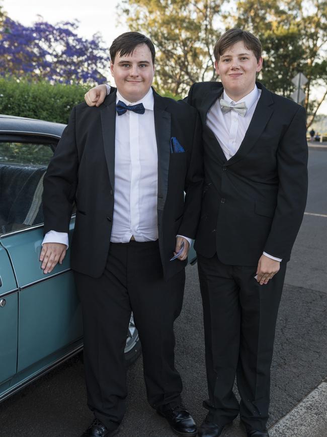 Nik Fitch (left) and Lachlan Smith at Centenary Heights State High School formal at Picnic Point, Friday, November 20, 2020. Picture: Kevin Farmer
