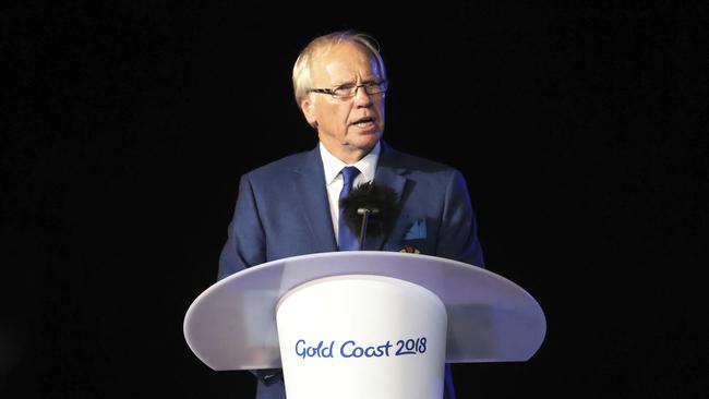 Peter Beattie, chairman of the Gold Coast 2018 Commonwealth Games Corporation addresses the closing ceremony at Carrara Stadium.