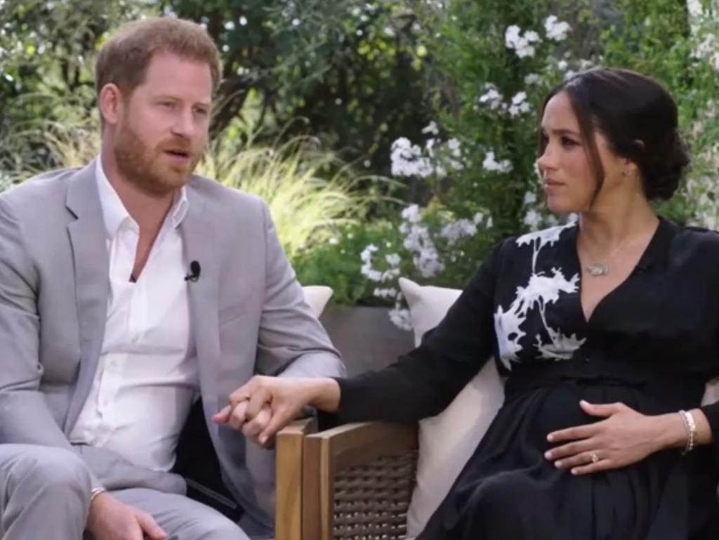 Prince Harry and Meghan during their interview with Oprah. Picture: Supplied