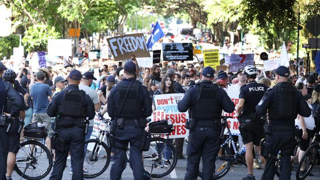 The Freedom Rally in the Brisbane CBD on Saturday. Picture: Annette Dew