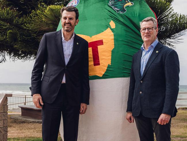 Brendon Gale with Grant O'Brien Chair Tasmania Football Club.  Brendon Gale is welcomed as inaugural CEO of Tasmania Football Club in Penguin Tasmania.  Picture: Tasmania Football Club